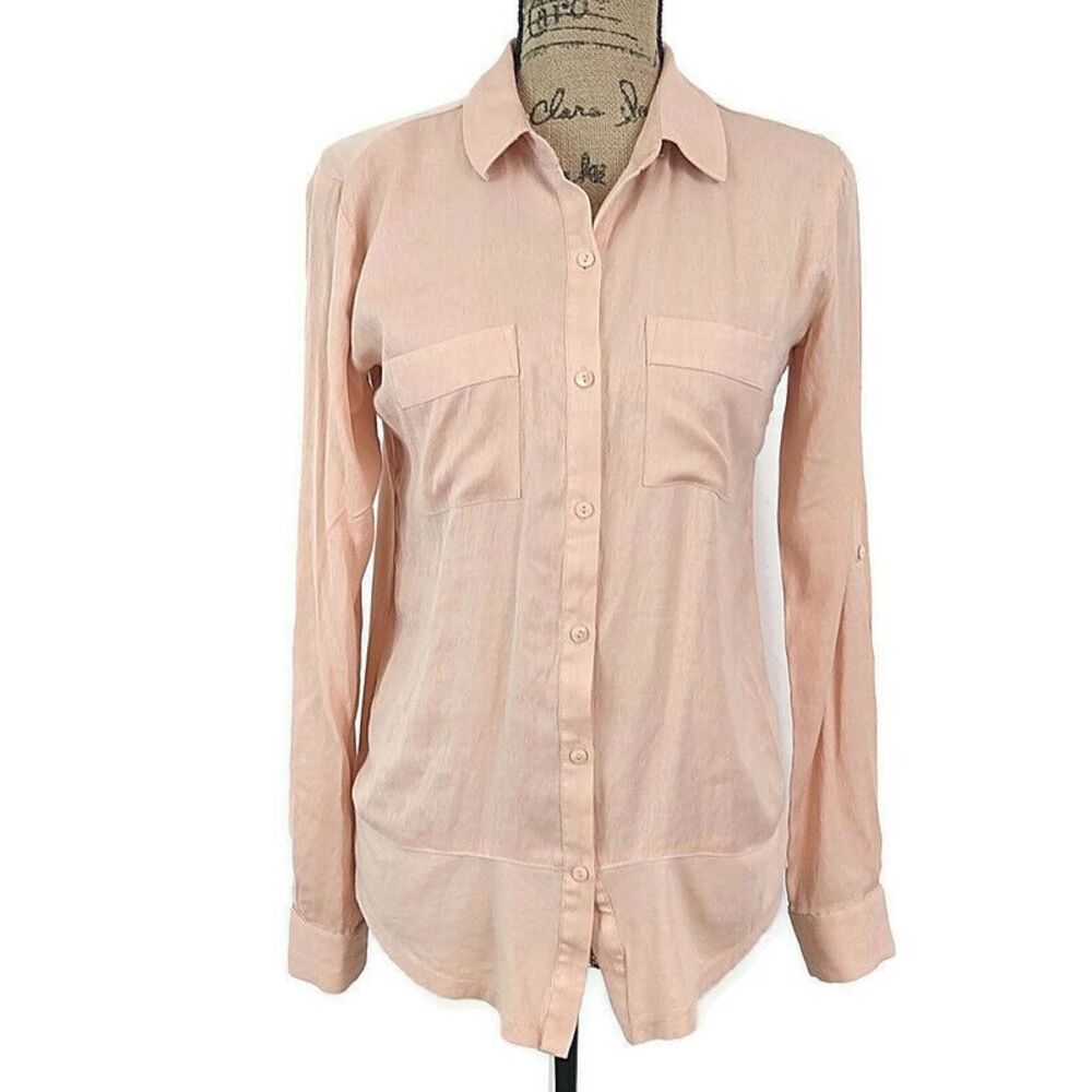 Ann Taylor Loft Womens XS Top Solid Pink Button Up Long Slv Collared‎ Back Slit